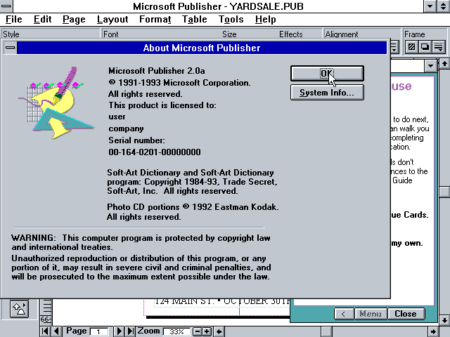 Microsoft Publisher 2.0a - About